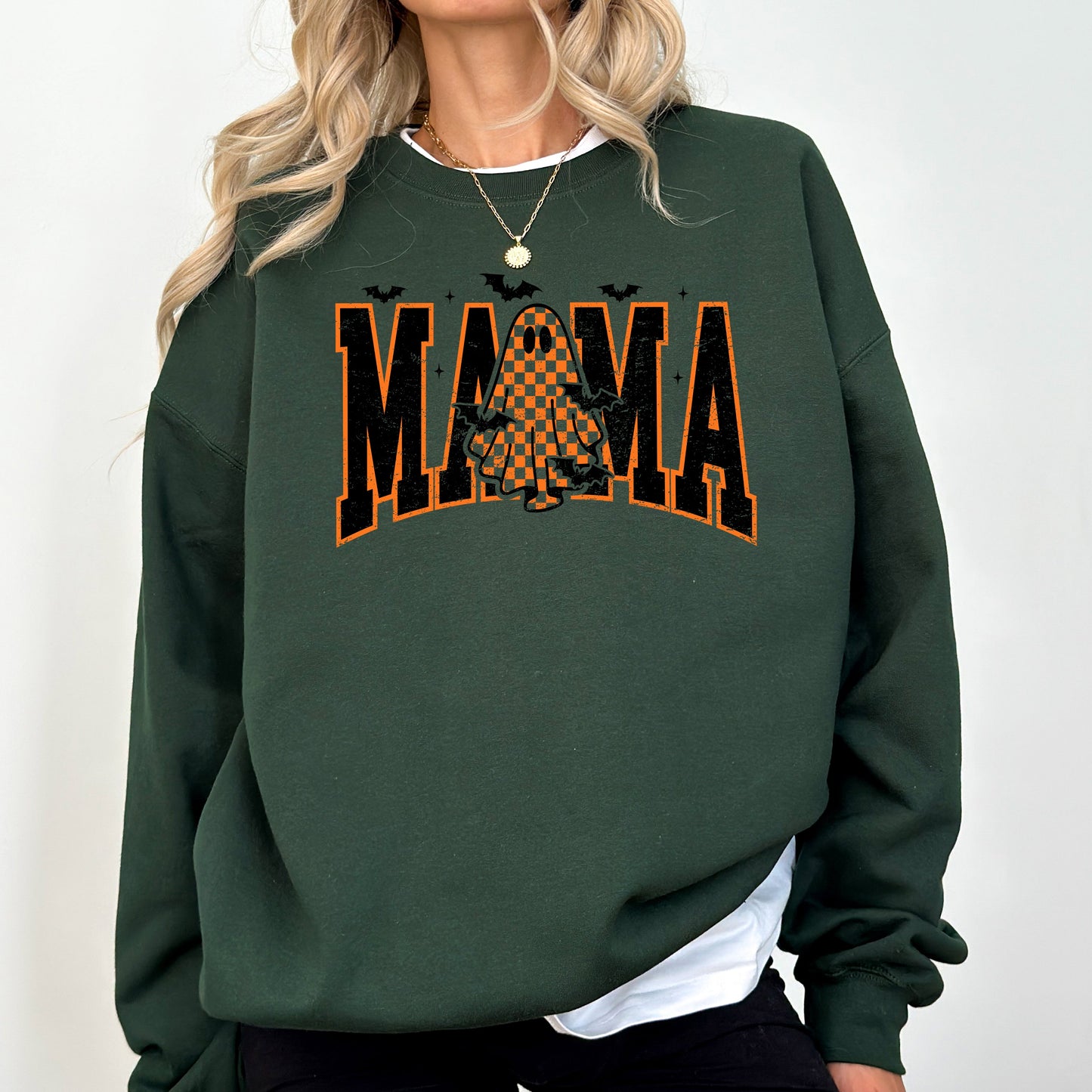Halloween Mama, Ghost, Checkered, Retro, Vintage, Spooky, Costume, Fall, Graphic Sweatshirt