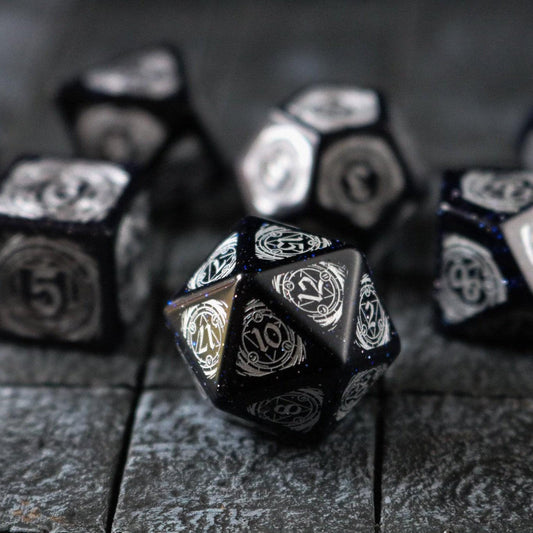 Mage Fury Blue Sandstone Silver Font Gemstone DND Dice Set