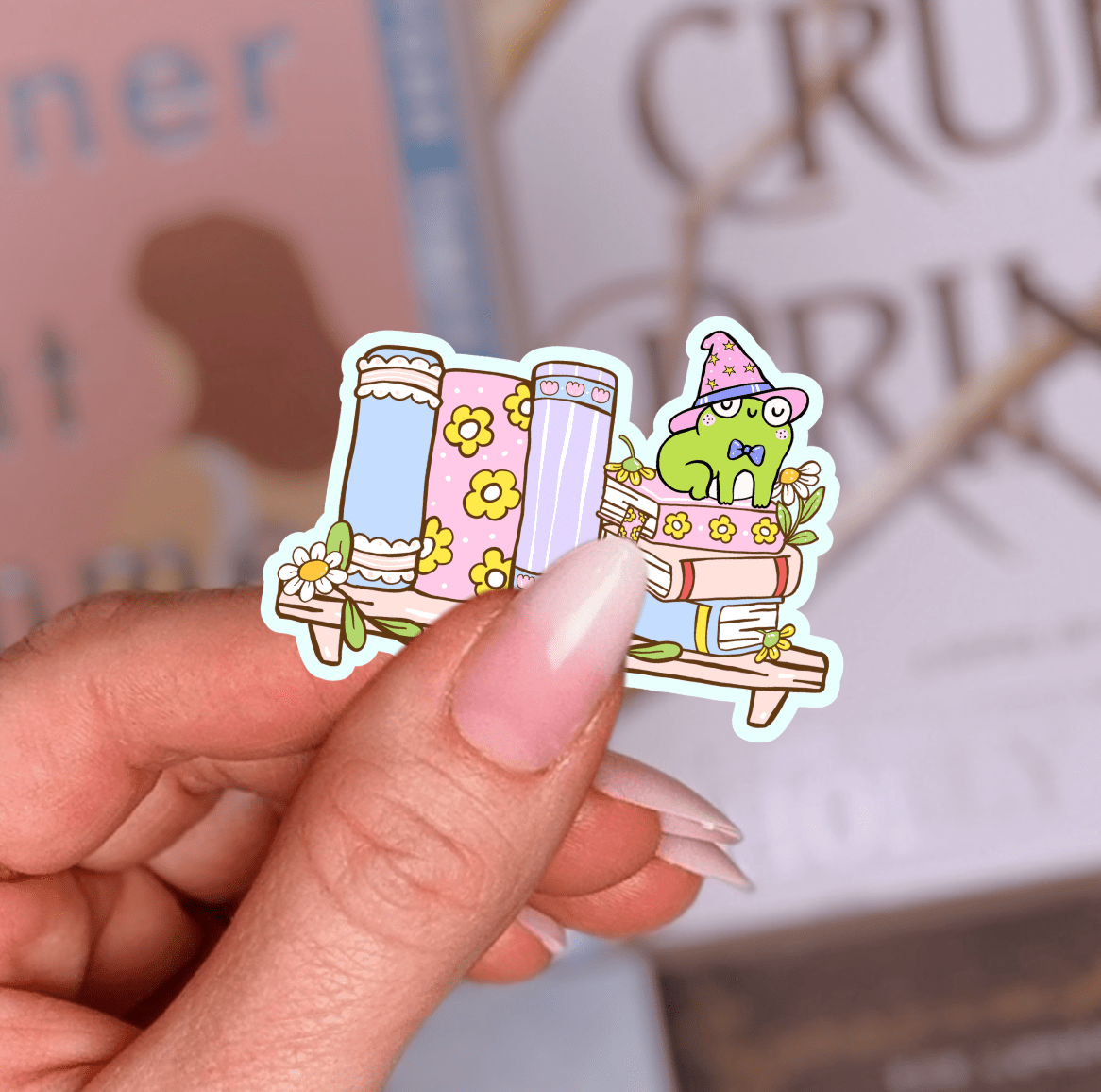 Spring Frog Bookshelf Laminated Sticker